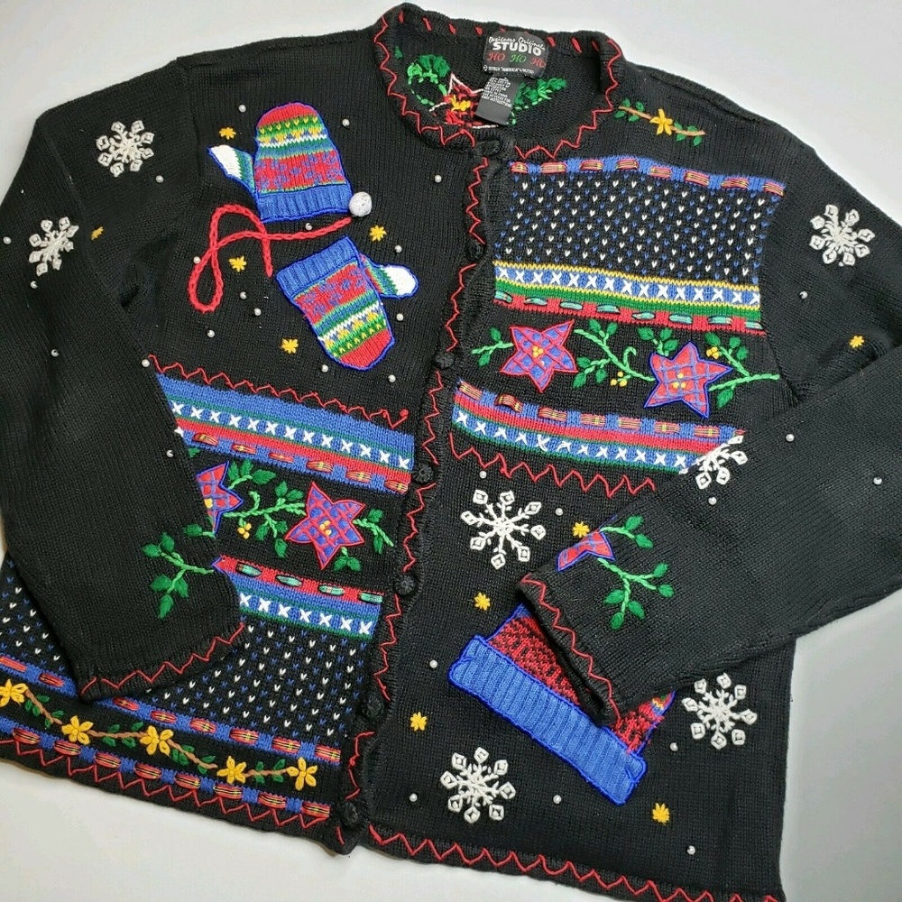 Vintage Studio Joy Designer Black Tacky Ugly Christmas Cardigan Sweater